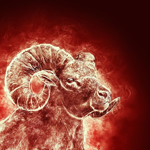A fiery Aries depicted as a strong, confident individual embracing their partner. The background features subtle motifs of the zodiac sign Aries.