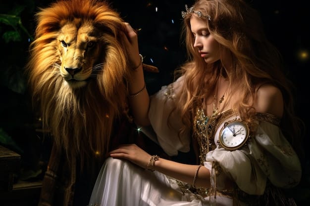 A regal Leo portrayed as a charismatic individual receiving affectionate touches from their partner. The zodiac Leo symbol is subtly embedded in the background.