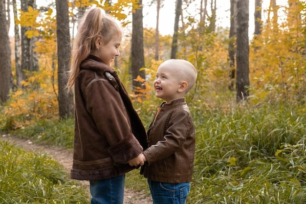 A Cancer child gently comforting a younger sibling, highlighting their nurturing and empathetic nature.