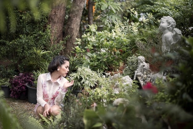 A serene image of a person working in a beautiful garden, surrounded by lush greenery and vibrant flowers. The scene should evoke a sense of peace, tranquility, and connection to nature, reflecting Taurean values.