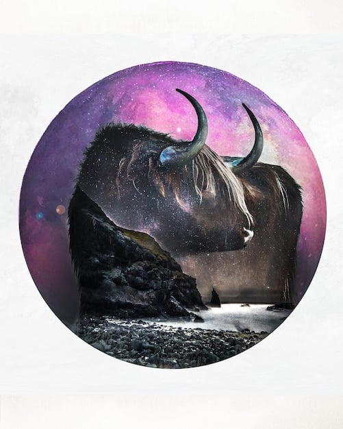 An artistic depiction of the Taurus zodiac symbol, a bull, half-formed from earthy materials like soil and clay, and the other half cast in shadow, representing stubbornness and materialism. Money is subtly woven into the imagery.