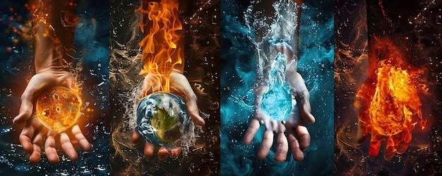 A split image showing the different elements (fire, earth, air, water) associated with the zodiac signs, with symbols representing manifestation, like a seed sprouting and a hand reaching for a star.