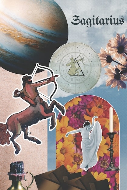 A collage featuring different manifestation tools and symbols (crystals, candles, vision boards, affirmations) alongside imagery representing each zodiac sign, such as Aries' ram or Cancer's crab.