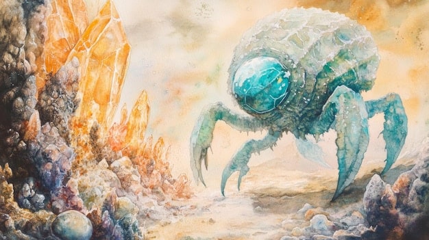 A gentle watercolor painting depicting a Cancer symbol (crab) near calm waters, with a soft, protective shell above it, symbolizing their empathetic nature and need for emotional protection in the forgiveness process.