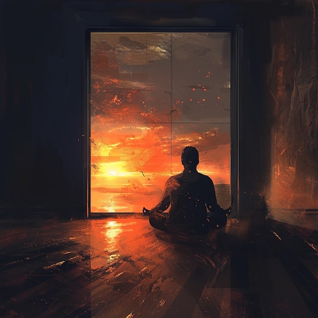 A digitally rendered image depicting a person meditating under the light of a partially eclipsed moon. The individual is sitting in a lotus position, with a serene expression, and constellations are faintly visible in the background, emphasizing the spiritual and introspective nature of the event.