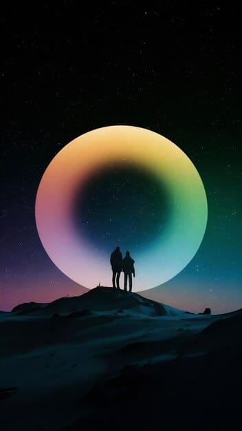 An artistic depiction of two figures silhouetted against a vibrant, multi-colored sky during a lunar eclipse. The figures are holding hands and gazing upward, with swirling celestial patterns and hints of musical notes in the air, symbolizing creativity and romantic connection.