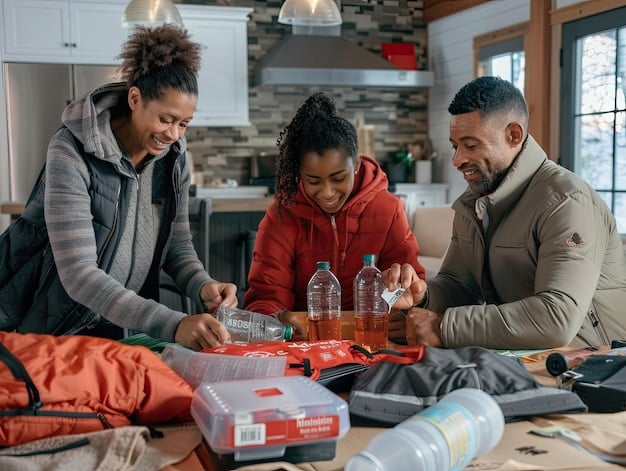 A family preparing an emergency kit, including water bottles, canned food, a first-aid kit, and a battery-powered radio. The image should convey a sense of preparedness and teamwork.
