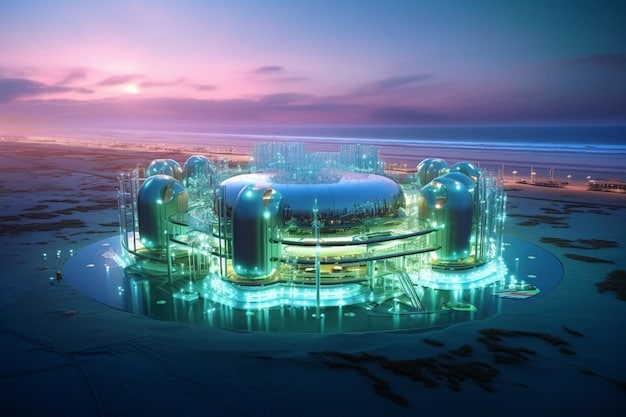 A futuristic cityscape with interconnected networks, flying vehicles, and advanced AI interfaces, symbolizing the potential technological advancements driven by Pluto in Aquarius.