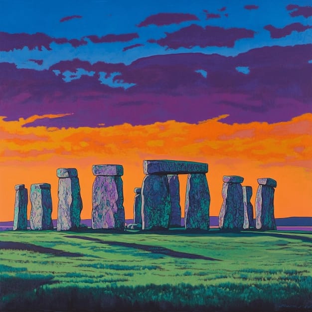 A detailed illustration of Stonehenge during the summer solstice sunrise, with the sun's rays perfectly aligned with the stones, highlighting the astronomical significance of the monument.