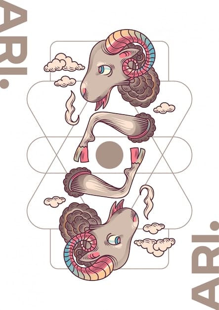 A graphic illustration depicting the Aries zodiac symbol (ram's horns) overlaying a stylized representation of a person leading a group up a mountain. The color palette is dominated by reds, oranges, and yellows.