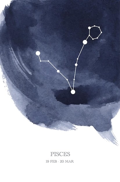 An artistic rendering of the Pisces constellation overlaid on a dreamy watercolor background, with flowing blues, purples, and greens. Two fish swim in opposite directions connecting to a yin-yang symbol, representing balance and duality.