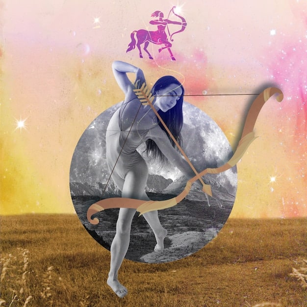 A digital collage depicting various aspects of Sagittarius, including a centaur archer, astrological symbols, a globe representing travel, and books symbolizing knowledge, all arranged within a circular frame that resembles a full moon. The colors are warm and inviting, creating a sense of adventure and exploration.