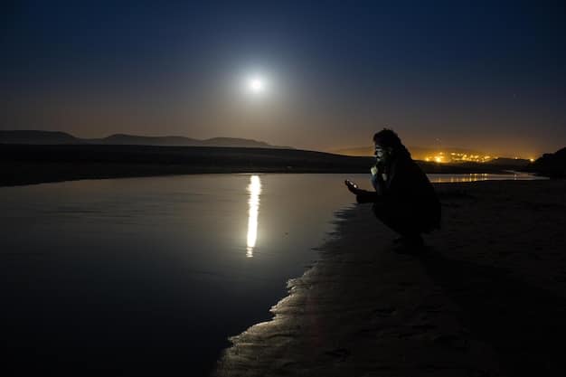 A person sitting cross-legged in a serene outdoor setting, journaling under the light of a full moon. The scene is peaceful and contemplative, emphasizing the act of reflection and intention-setting.