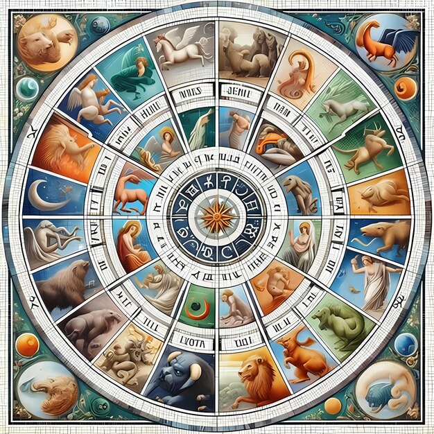 A collage of various zodiac signs, each sign highlighted with its corresponding planetary ruler and key characteristics. Include imagery that relates to both the positive and challenging aspects of each sign.