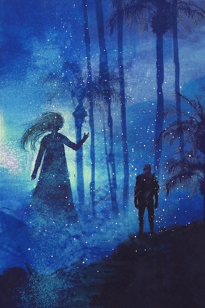 A digital painting featuring two figures silhouetted against a cosmic background, each figure representing a different zodiac element (fire, earth, air, water). The figures are reaching out to each other, symbolizing connection and partnership.