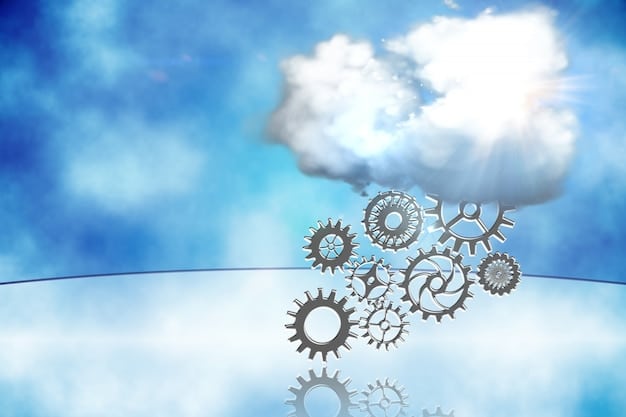 A dynamic image showcasing gears meshing amidst a backdrop of nebulous clouds, symbolizing the interplay between Uranus (innovation) and Neptune (intuition) in the context of career development.