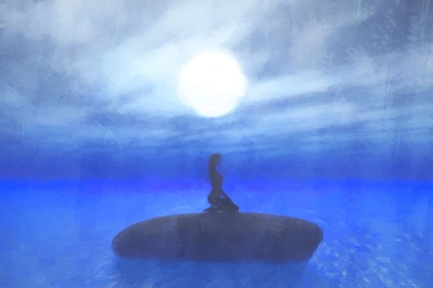An illustration depicting a person meditating under a lunar eclipse, surrounded by symbols of Pisces, such as fish and water. They appear to be undergoing a spiritual awakening.