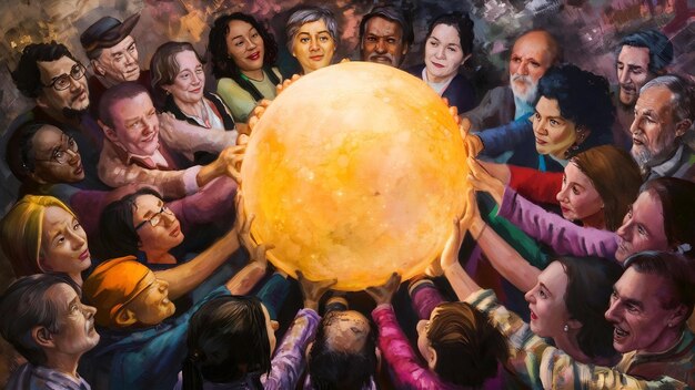 A group of diverse people gathered together under a lunar eclipse, working on a collaborative art project, symbolizing teamwork and shared goals.