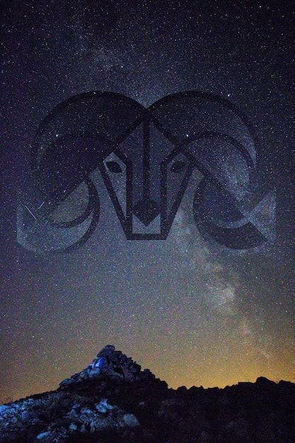 A stylized depiction of the Aries zodiac symbol (ram) silhouetted against the backdrop of a lunar eclipse, blended with imagery representing balance scales, symbolizing relationships and career dynamics that are highlighted during the eclipse.