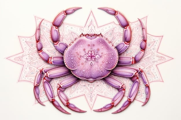 A serene illustration of the Cancer zodiac symbol (crab) subtly integrated within a cozy, warmly lit home interior, with elements of family photographs and comforting objects, set against the backdrop of a soft lunar glow.