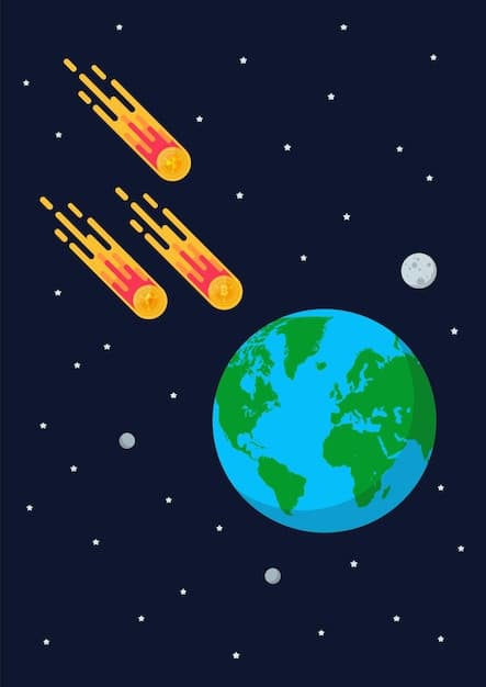 A digital illustration showing the Earth orbiting the Sun, with a comet's tail intersecting Earth's orbit, illustrating how meteor showers occur. Lines representing meteoroid paths lead towards Earth.