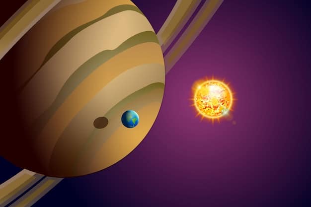 A graphic illustration showing the orbits of Jupiter and Saturn around the Sun, highlighting their convergence point in 2025. The illustration should include labels for each planet and a clear indication of the alignment's date. Use bright colors against a dark background to enhance visibility.