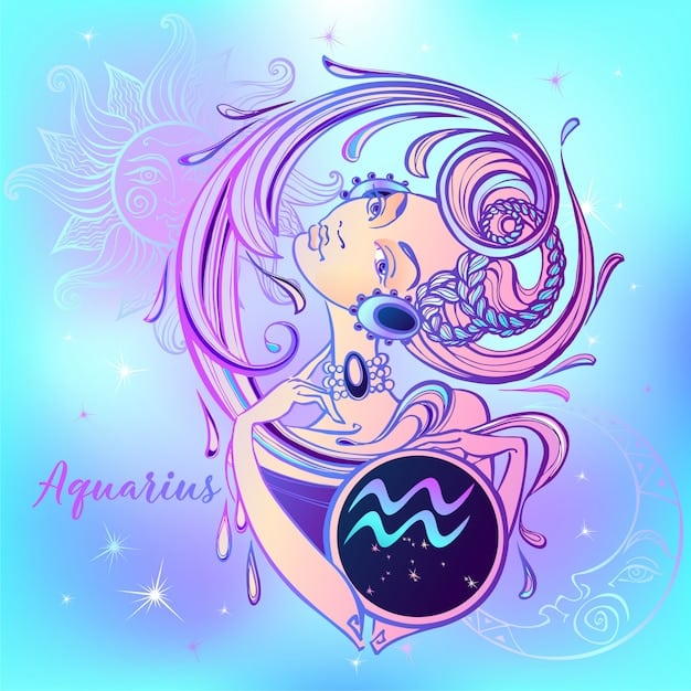 A digital illustration depicting the zodiac sign Aquarius with Jupiter and Saturn positioned within it. The illustration should incorporate symbols associated with Aquarius, such as water bearers and futuristic elements, to convey the sign's association with innovation and humanitarianism.