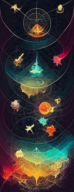 An artistic rendering showing a celestial chart with various planets aligned, overlaid on a landscape representing the passage of time and astrological influence.