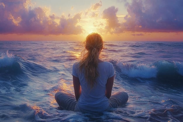 A serene image of a woman meditating on a beach at sunset, with subtle astrological symbols overlaid on the ocean and sky.