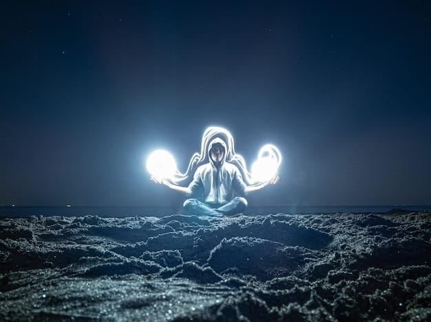 An artistic rendering of a person meditating under a night sky filled with aligned planets. The individual is glowing with inner light, symbolizing spiritual awakening. The planets are depicted with symbolic colors and textures.