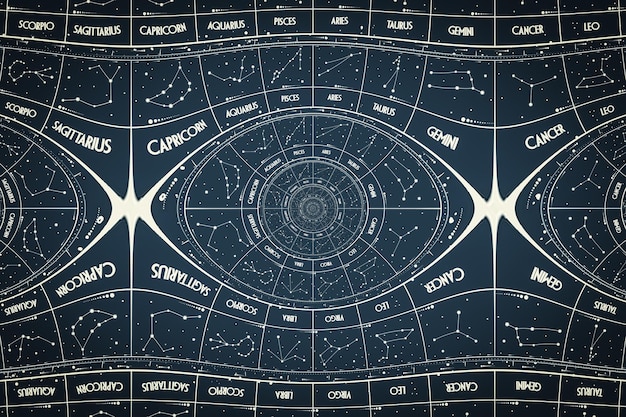 A close-up illustration of an astrological chart, showing the positions of the planets in the zodiac signs with intricate lines connecting them.