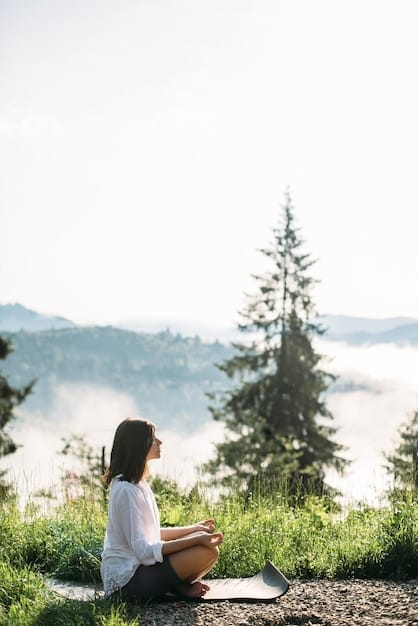 A person meditating with a journal next to them. The background is a peaceful, natural setting with soft light.