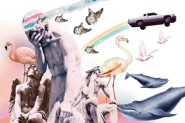 A collage of various dream symbols, including water, animals, roads, and houses, all depicted in a surreal and symbolic style. This image aims to represent the breadth and depth of dream symbolism.