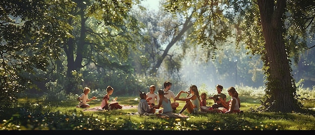 A group of people sitting in a circle outdoors, engaged in a guided meditation session. The setting is a lush, green garden with sunlight filtering through the trees.