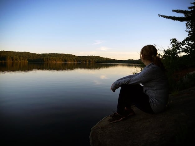 An individual sitting alone by a lake at sunset, journaling while reflecting on their thoughts and feelings. The scene conveys a sense of solitude and introspection.