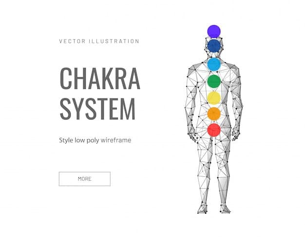 A diagram illustrating the seven chakras along the spine, with each chakra labeled with its name, color, and primary function.