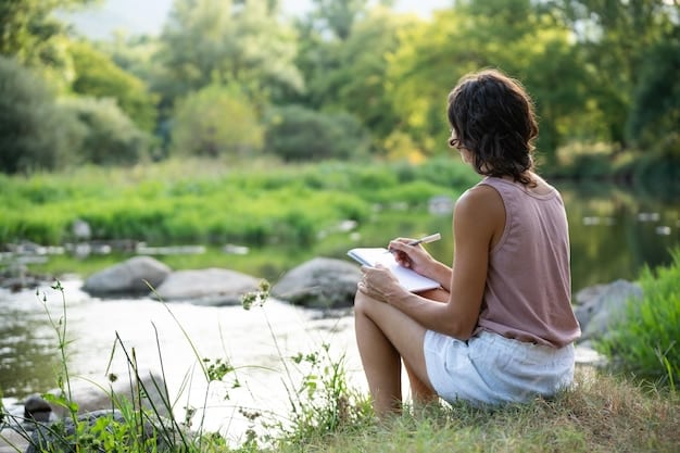 A person journaling outdoors in a peaceful garden, focusing on self-reflection and mindfulness, representing the practice of connecting with one's higher self through introspection.