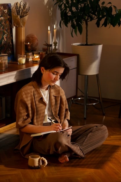 A person sitting in a quiet room, journaling with a pen and notebook, surrounded by soft light. The scene should convey introspection and mindfulness.