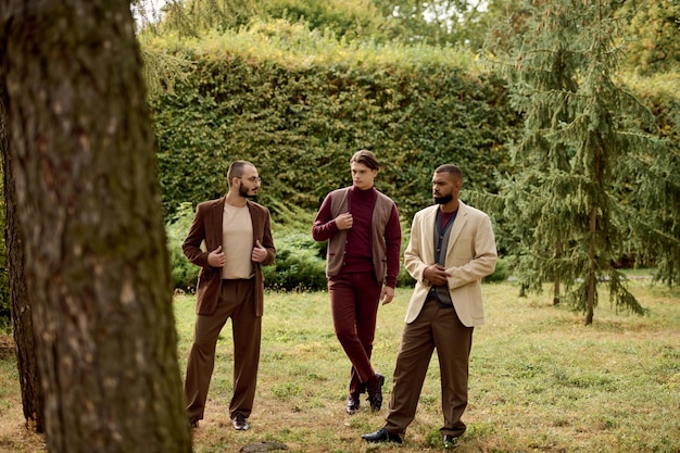 A diverse group of people walking mindfully in a park, practicing walking meditation together. The image should show them in a relaxed and focused state, surrounded by trees and greenery.