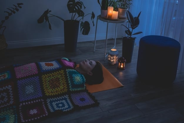 A darkened meditation studio with individuals lying on yoga mats, eyes closed, faces relaxed, listening to a sound bath. The room is illuminated with subtle, ambient lighting.