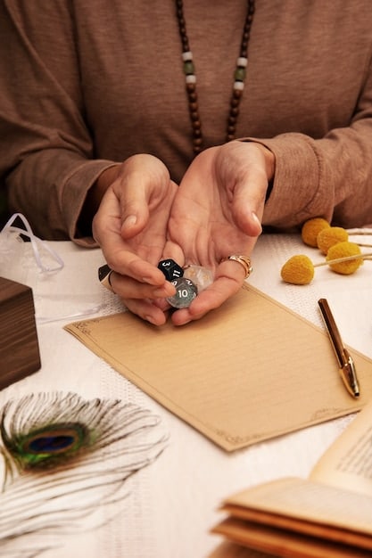 A close-up shot of hands holding prayer beads, with a soft, blurred background, symbolizing the use of mantras as a tool for focusing the mind during meditation.