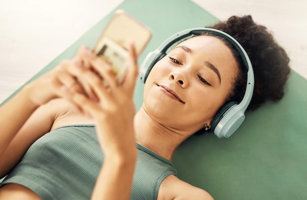 A close-up of a person's face, eyes closed, a peaceful expression, headphones on, listening to a guided meditation session on a smartphone, depicting the use of technology to facilitate the practice.