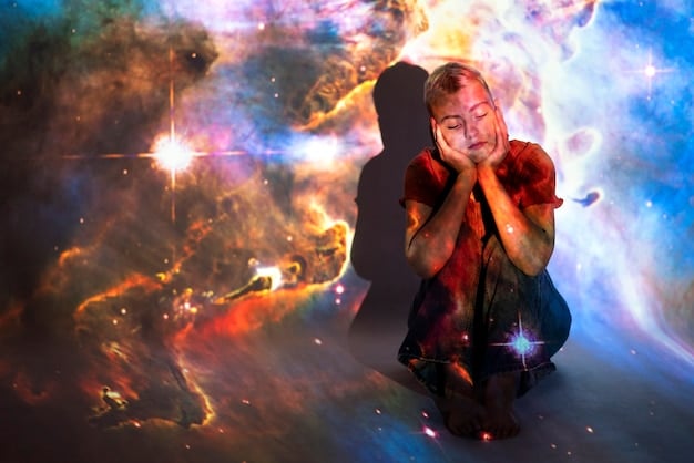 A person sitting in a meditative pose, surrounded by swirling colors representing different emotions and energies. The background is a galaxy with stars and nebulas.