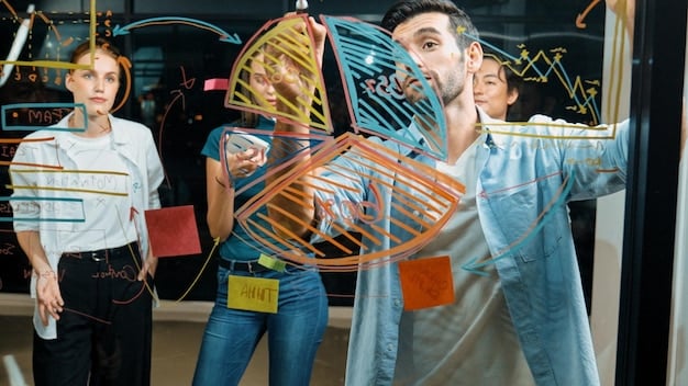 A photo showing a Gemini and a Sagittarius enthusiastically brainstorming ideas on a whiteboard, representing their creative and analytic synergy in action.