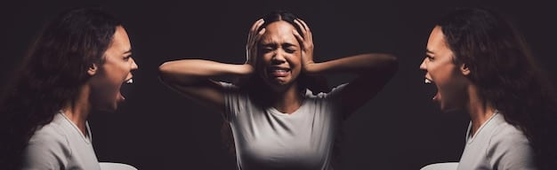 A split-screen photo: one side shows a person with a stressed expression surrounded by chaotic images, symbolizing anxiety; the other side shows the same person relaxed and smiling in a serene natural setting, symbolizing mental peace.