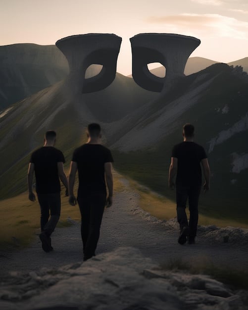 A strong, confident figure (gender-neutral) standing at the front of a mountain path, leading a diverse group towards a distant peak. The Aries zodiac symbol is subtly integrated into the background.