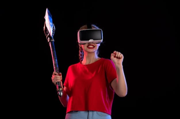 Close-up of an Aries individual enthusiastically using a VR headset, surrounded by futuristic tech gadgets. The lighting is vibrant and energetic, reflecting the Aries's fiery personality.