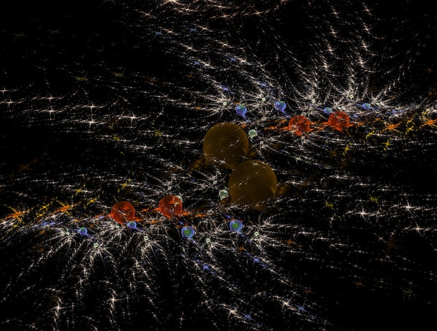 An artist's depiction of dark matter particles interacting with ordinary matter, producing observable signals such as gamma rays and neutrinos. The image illustrates the concept of indirect dark matter detection.