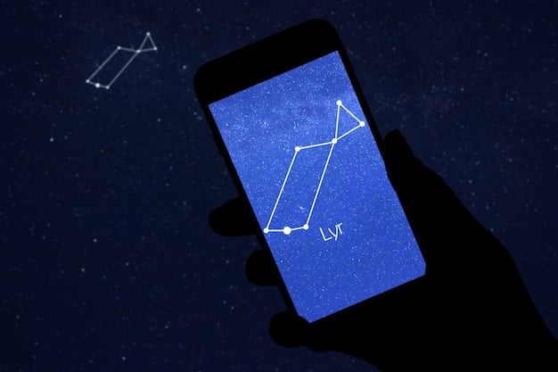 A close-up shot of a person using a stargazing app on their smartphone, with the screen displaying a star map and information about constellations. The person is holding the phone up towards the night sky.