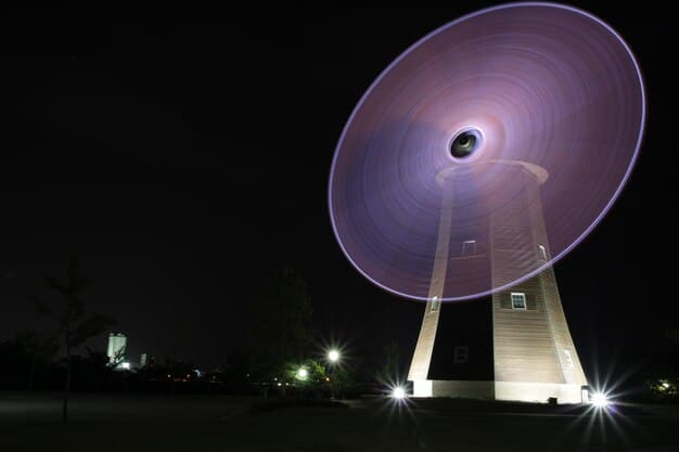 A detailed close-up of a radio telescope dish reflecting the starry sky. The focus is on the intricate mesh structure and the precision with which it captures faint radio waves. The background shows a blurred but recognizable portion of the Milky Way, emphasizing the telescope's role in listening to the cosmos.